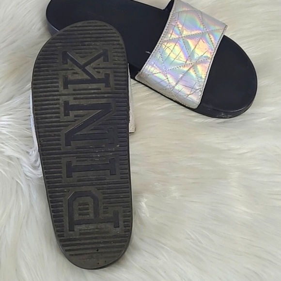 Victoria's Secret PINK Silver Rainbow Holographic Metallic Slide Slip-On Sandals - Picture 11 of 17
